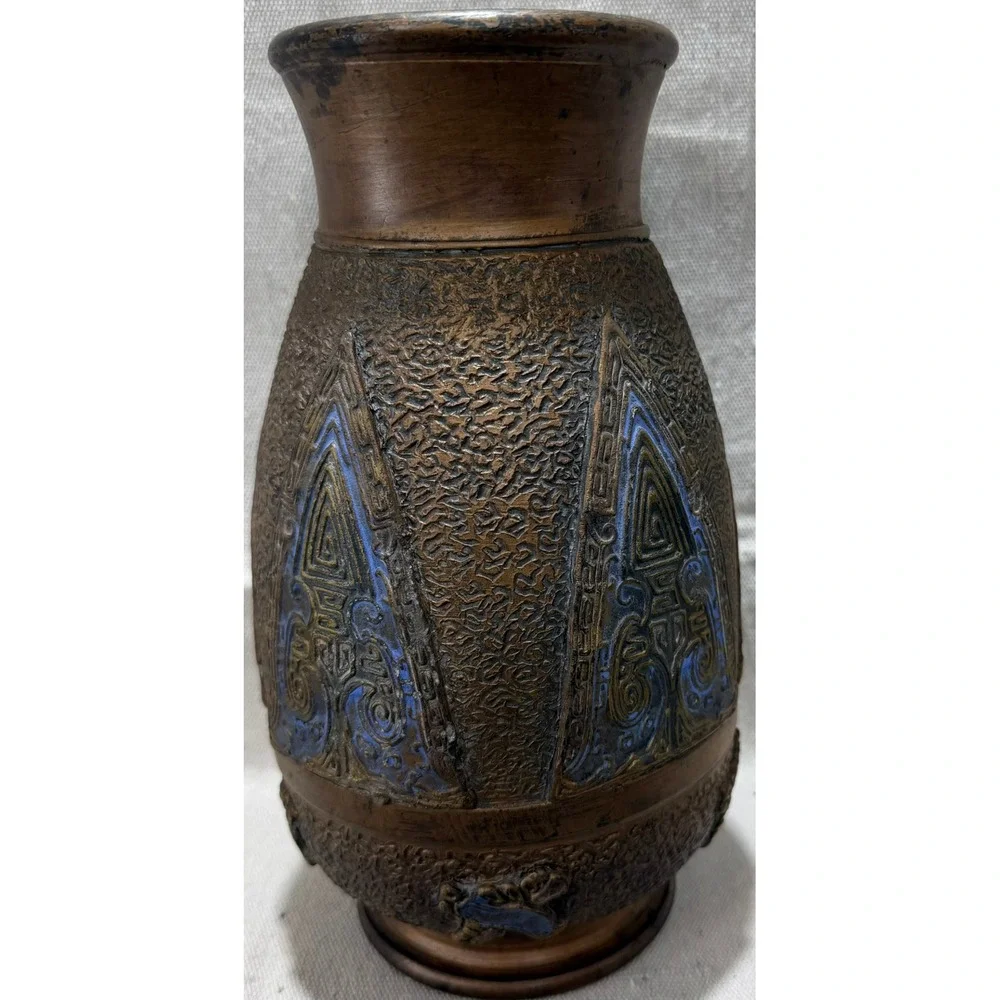 Vintage Japanese Bronze Relief Vase Archaic Taotie Bird Motif Blue Enamel 10.5in